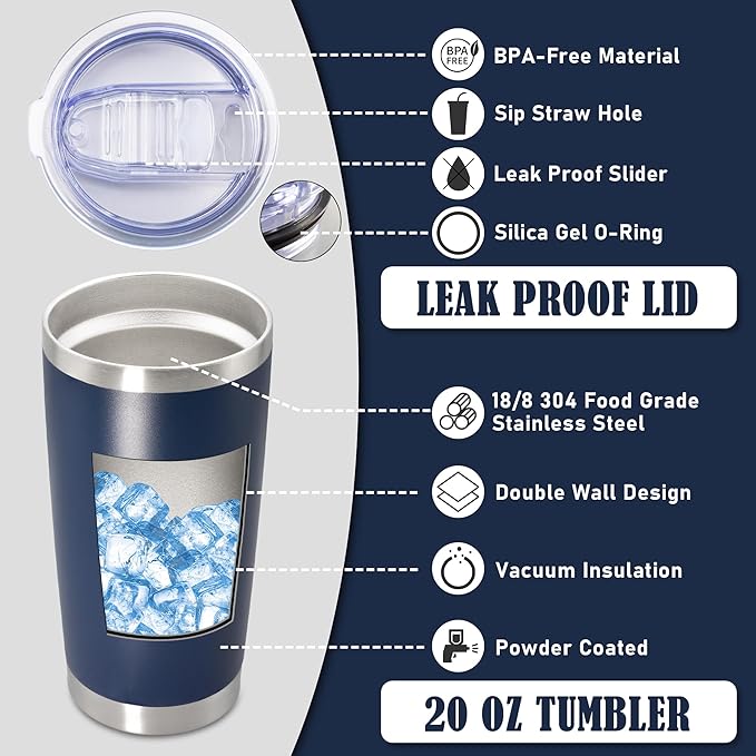 20 oz Tumbler Coffee Travel Tumblers Bulk with Lid Stainless Steel Double Wall Vacuum Insulated Mug Powder Coated Cups fit Car Cupholder for Hot and Cold - Navy, 1Pack