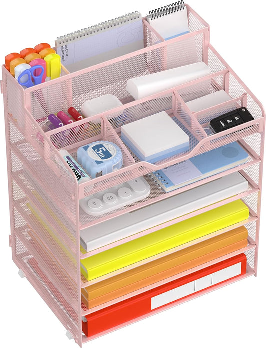 Docnest 6 Tier Mesh Desk Organizer for Paper Office Supplies – Multi-Functional Letter Tray with 5 Adjustable Compartments, 3 Pen Holders, Desktop Storage for Files, Mail, Stationery – Pink