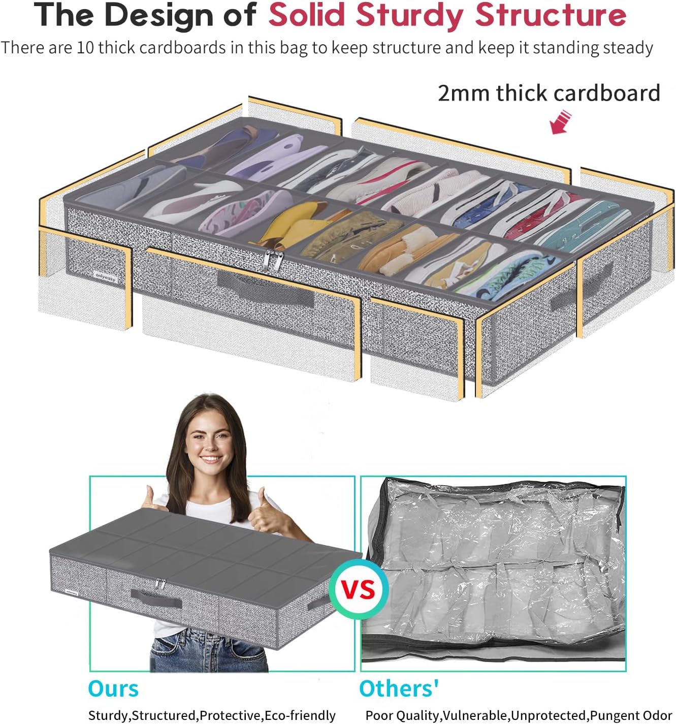 Onlyeasy Sturdy Under Bed Shoe Storage Organizers with Handles & Clear Window (16 to 32 Pairs) 2 Pack, Closet Shoes Containers Boxes for Kids & Adults, 37.7"x23.6"x5.9", Linen-like Grey, MXDUBS16P2