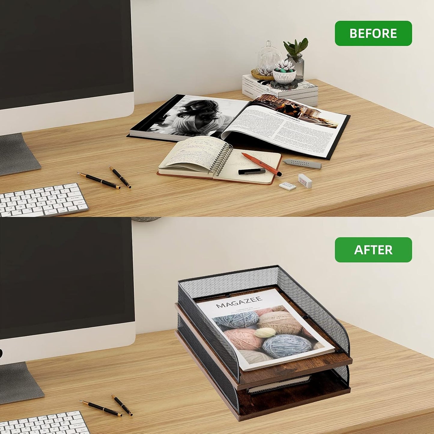 Set of 2 Vintage Wood & Metal Letter Tray，Desk Organizers Paper Tray，Office File Organizer(Black)