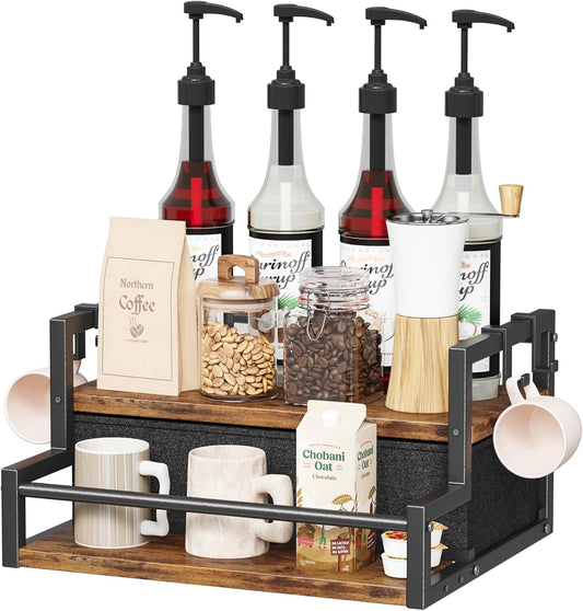 Coffee Syrup Organizer Rack, 2-Tier Coffee Bar Accessories, Bottle Holder Stand with K Cup Storage Drawer for Coffee bar, Wine Rack, Storage Shelves for Syrup. (Rustic Brown)