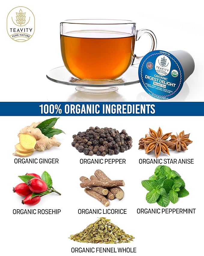 Organic Tea Pods with Ginger, Peppermint, Fennel, Licorice, & Rosehip Digest Delight by Teavity (36 Tea Pods)