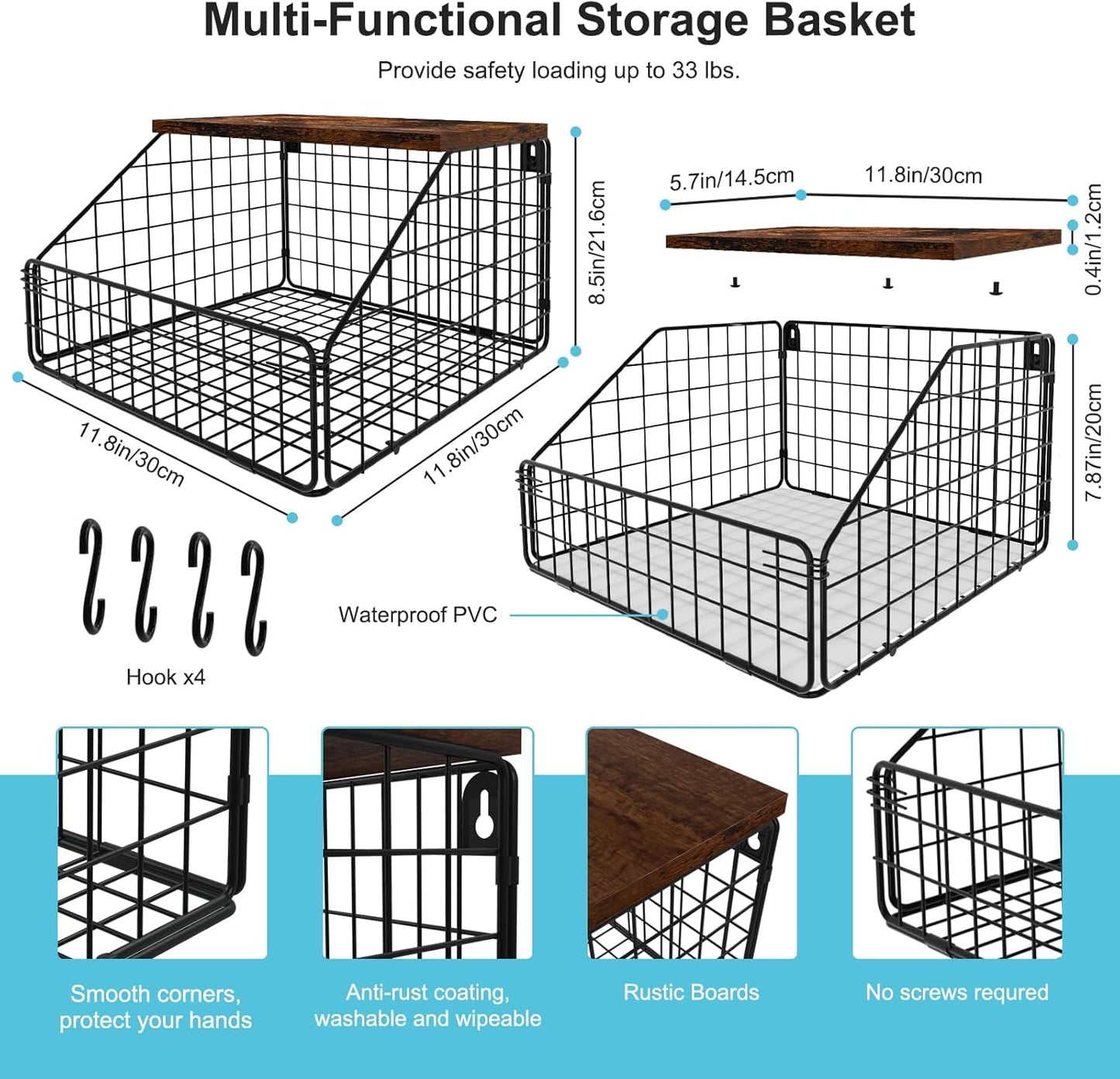 Laundry Room Shelves Wall Mounted with Storage Basket - Farmhouse Stackable Wire Wall Shelves Organizer for Towels, Detergent, Tissues | Space-Saving Over Washer & Dryer(11.8" Wx12 Dx8.5 H)