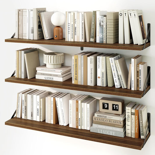 Fun Memories Long Wall Shelves for Bedroom, Set of 3 Large 40-Inch Floating Bookshelves, Rustic Wood Display Shelf for Home and Office (Walnut)
