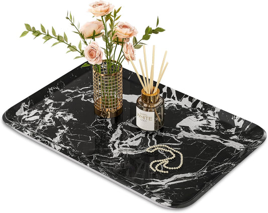 Vanity Decorative Glass Tray,12" x 8" Black Marble Pattern Perfume Tray, Bathroom Tray Countertop Organizer for Soap Towel, Jewelry, Candle