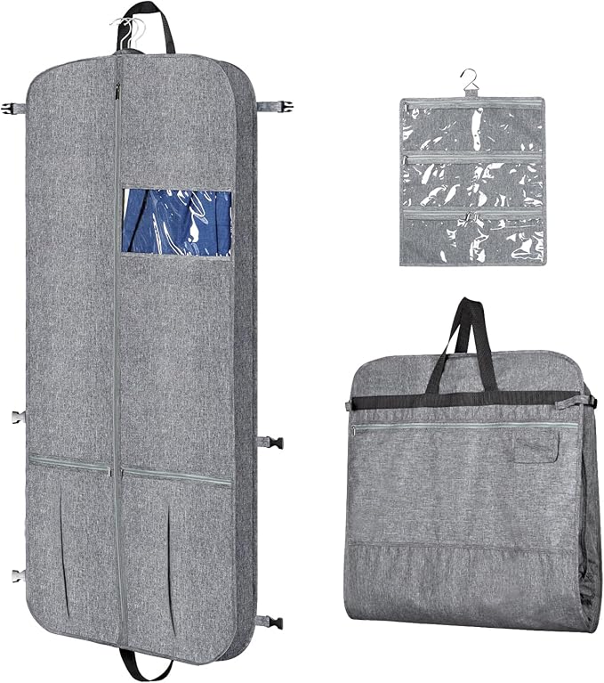 KEEGH 54" Garment Bags for Travel Tri-fold Garment Bag for Dresses Long Waterproof Suit Bags for Men Hanging Clothes for Suit Coats Tuxedos Dresses with 4 Big Pockets & Accessory Pouch, Black