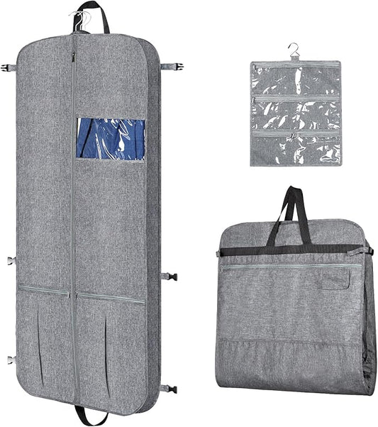 KEEGH 54" Garment Bags for Travel Tri-fold Garment Bag for Dresses Long Waterproof Suit Bags for Men Hanging Clothes for Suit Coats Tuxedos Dresses with 4 Big Pockets & Accessory Pouch, Black