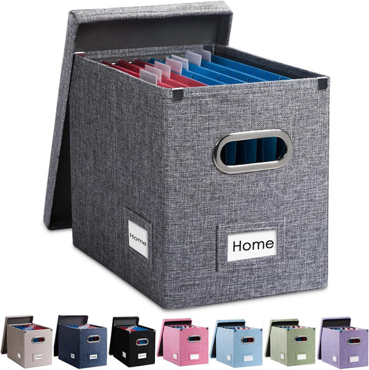 PRANDOM File Organizer Box - Set of 1 Collapsible Decorative Linen Filing Storage Hanging File Folders with Lids Office Cabinet Letter Size Grey (14x9.3x10.8 inch)