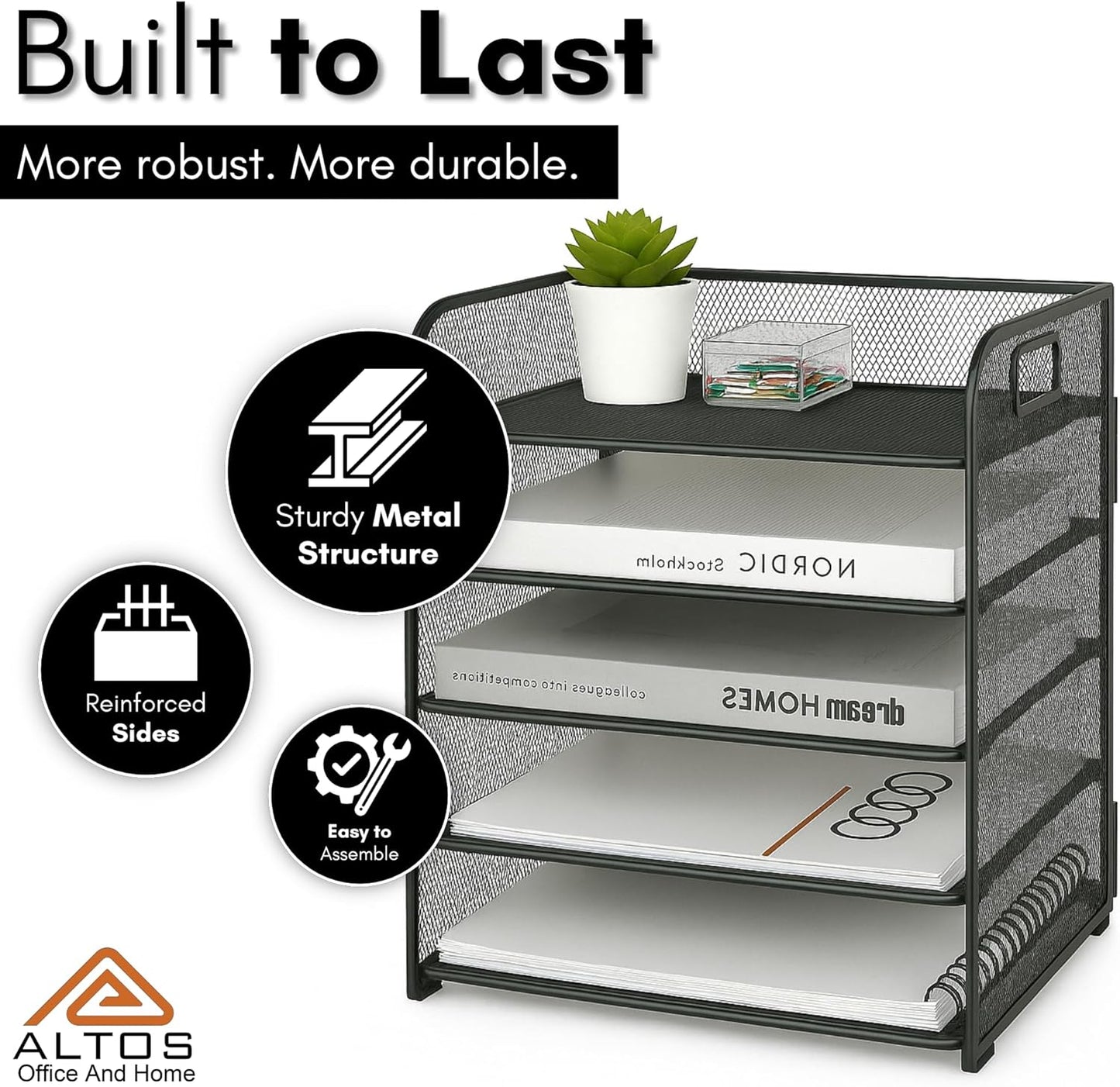 Metal Mesh Desk Organizer, 5 Compartments, Large Capacity, Holes to Handle It, Rounded Corners, Non-Slip, Anti Rust, Hinge Design