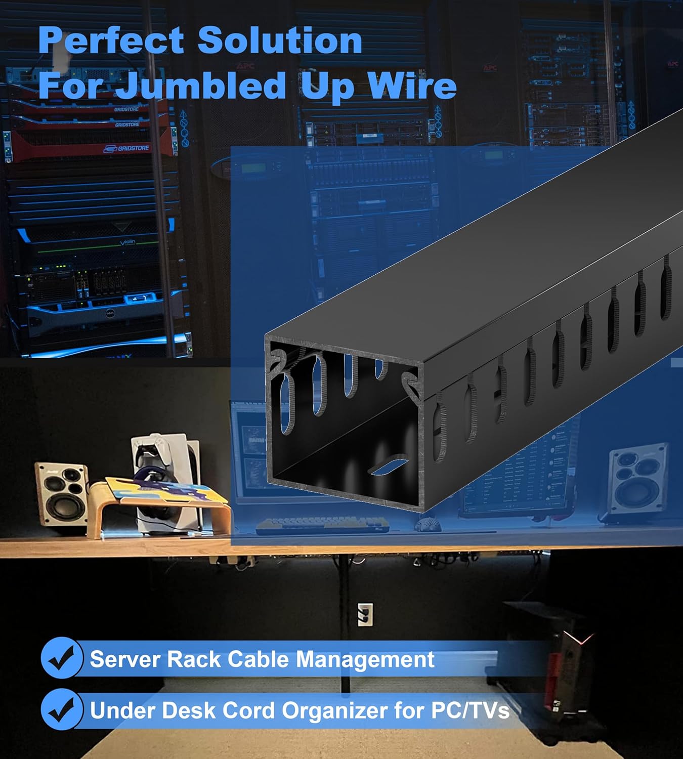 63in(4X L15.7in) Professional Server Rack Cable Management Raceway, H1.4 x W1.6in Cable Raceway Kit, Electrically Safe PVC Open Slot Wire Raceway for Under Desk/Computer/Network Cords, Black