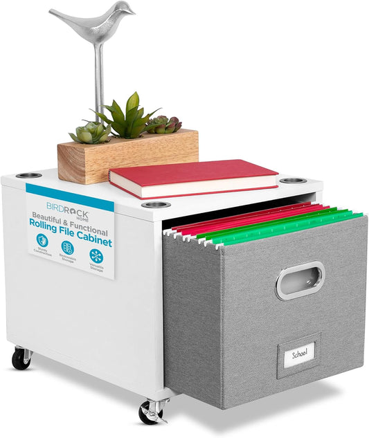 BIRDROCK HOME Rolling File Cabinet – Decorative Storage Shelf w/Removable Bins, Handles, and Wheels – Organize Files, Books, Toys, Under Desk Office Solution, Modern Design - 1 Lateral Drawer, White