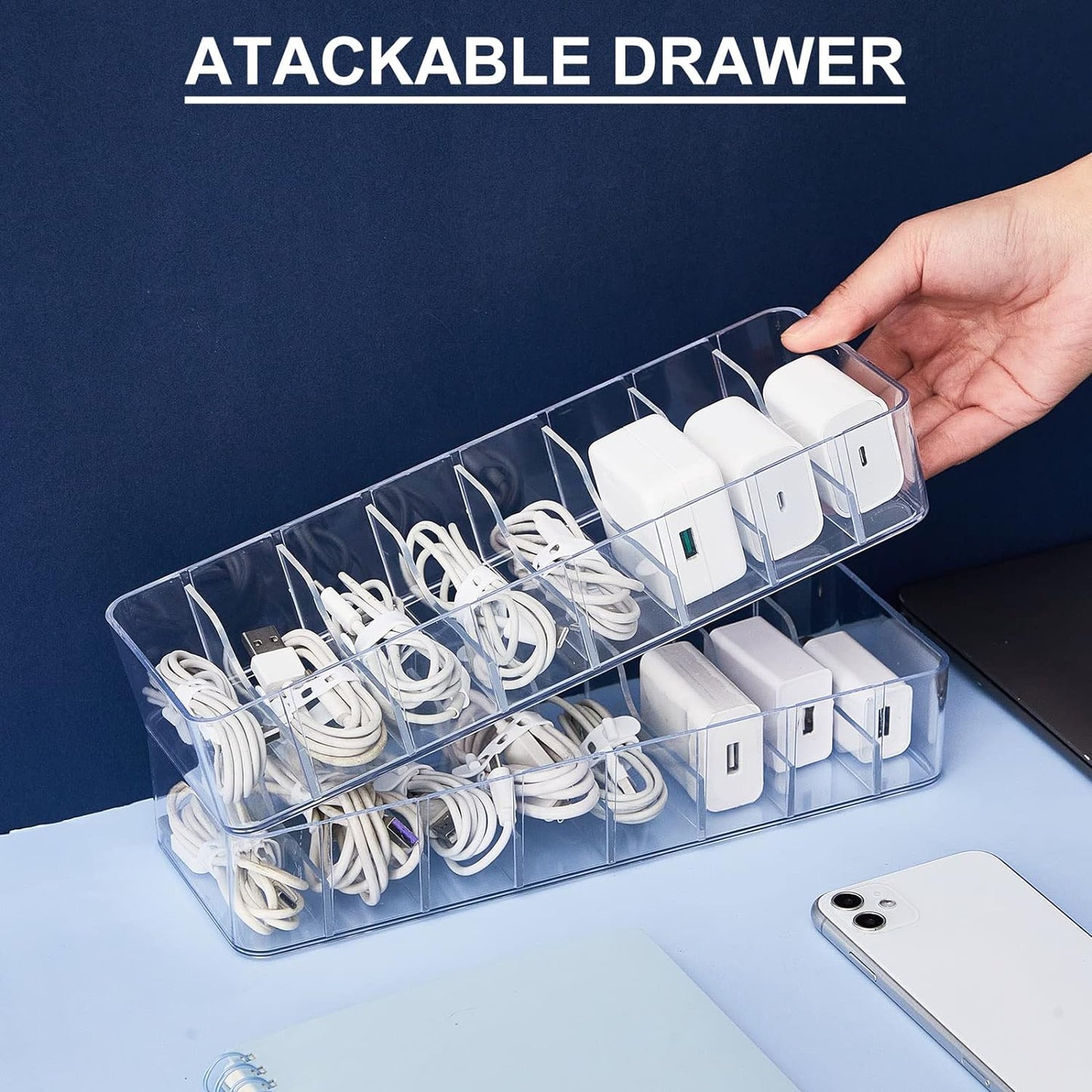 Tatuo 8 Pcs Cable Organizer with 80 Wire Ties, Plastic Cord Storage Charger Box Electronics Organizer with Adjustment Compartments Cable Storage for Drawer Home Office Desk Accessories (Clear)