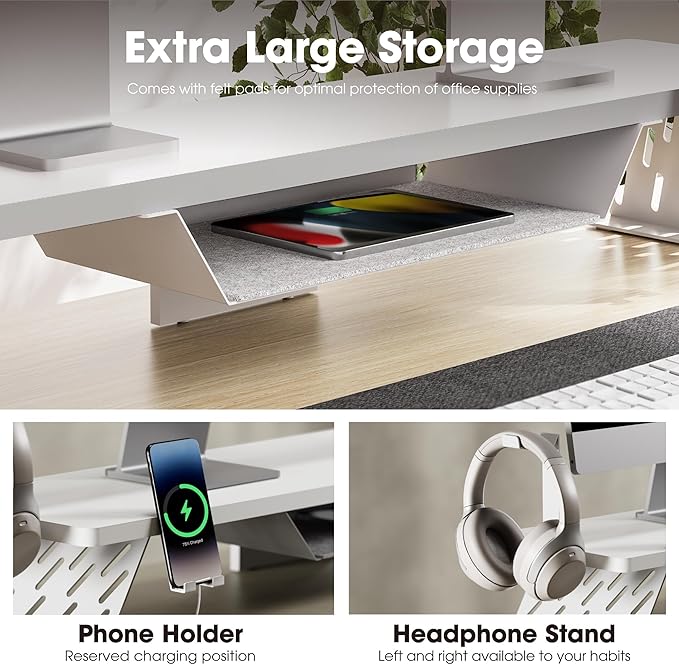 Fenge Dual Monitor Stand, 42.5 Inch Monitor Riser for Desk, Wood Desk Shelf for 2 Monitors, 2 Tier Monitor Shelf with Headphone Stand & Phone Holder