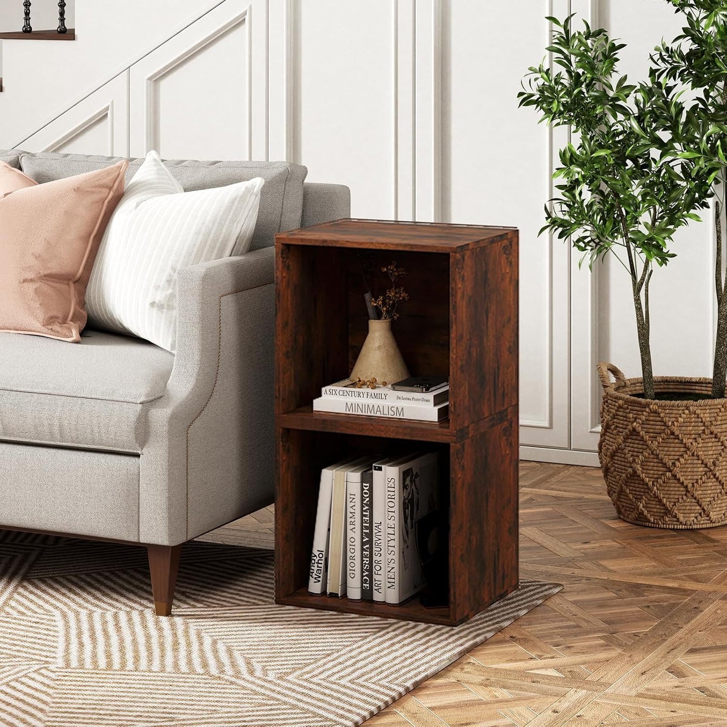 Stackable Cube Bookshelf, Modular Cubby Storage Organizer, Small Bookcase for Small Spaces, Combination Cubical Shelf, Wooden Display Shelving Unit (Rustic Brown, 2-Cube)