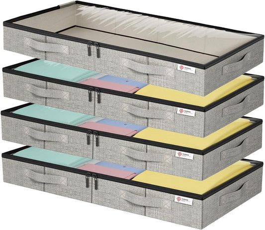 4.5 Inches Under Bed Storage Containers with Sturdy Sidewalls/Bottom and Reinforced Handles，Low Profile Underbed Storage for Clothes,Shoes,Pillows and Blankets with Zips and Clear Windows,4 Pack