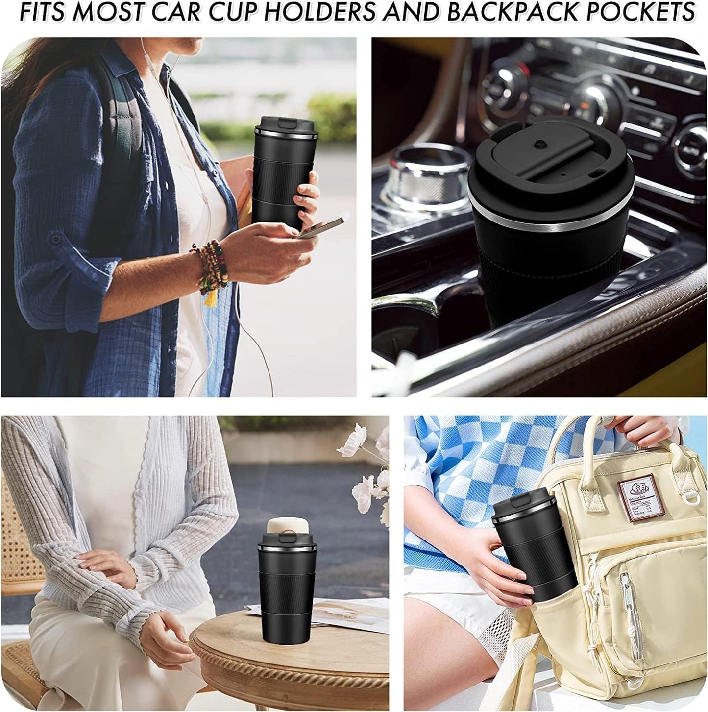 16oz Travel Coffee Mug Spill Proof, Insulated Coffee Mug with Lid, Leakproof Coffee Tumbler,Stainless Steel Vacuum Coffee Cup for Hot/Cold Drinks, Reusable Coffee Cup for Men Women -510ml,Black