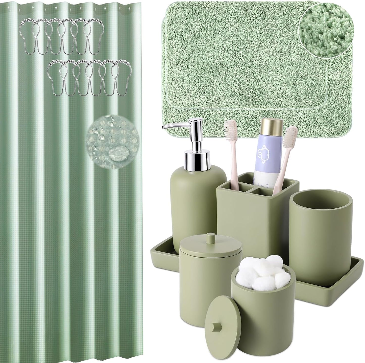 21 Pcs Bathroom Accessory Set with Waterproof Shower Curtain and Non Slip Mat,Resin Bath Set with Toothbrush Holder and Lotion Soap Dispenser,Bathroom Countertop Organizer Set for Home Apartment