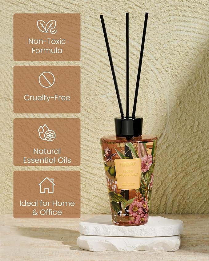 M&SENSE Peony Blush Sude Reed Diffuser Set - 8.79fl oz Home Fragrance Non-Toxic Essential Oil Diffuser with Sticks, Air Freshner Gifts for House Bedroom Bathroom Office Decor
