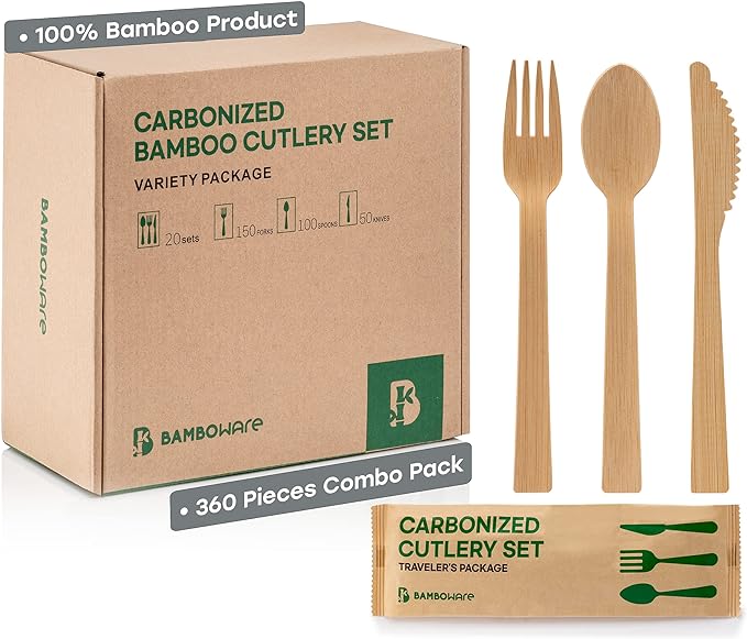 100% Bamboo Utensils - 360PCS Combo Pack Carbonized Disposable Cutlery Biodegradable and Sanitized - Heavy Duty & Fully Functional