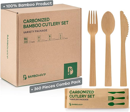 100% Bamboo Utensils - 360PCS Combo Pack Carbonized Disposable Cutlery Biodegradable and Sanitized - Heavy Duty & Fully Functional