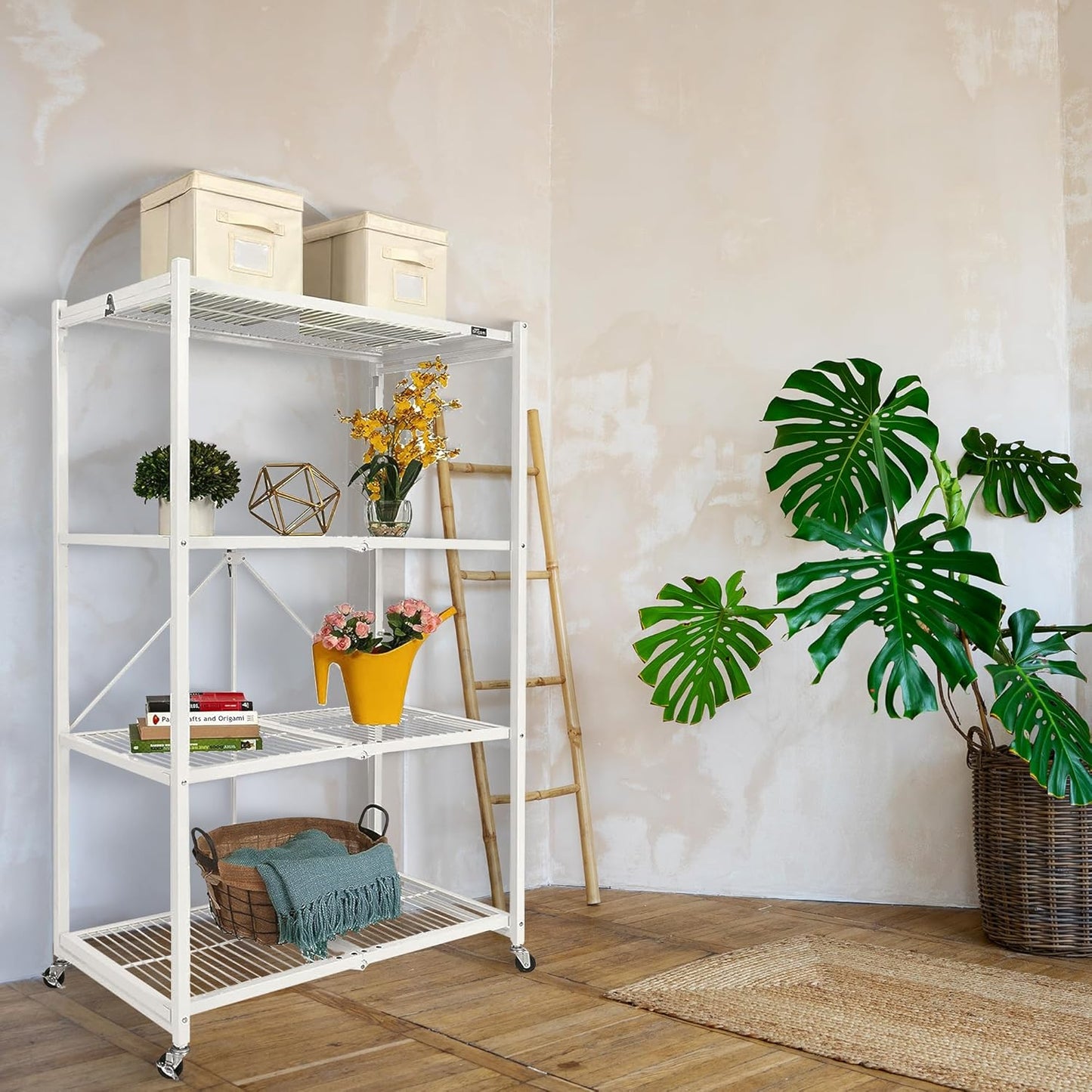 Origami R5 4-Shelf Heavy-Duty Folding Storage Rack, White - Large Foldable Metal Shelving Unit with Wheels for Garage, Pantry, Basement, Laundry Room or Warehouse