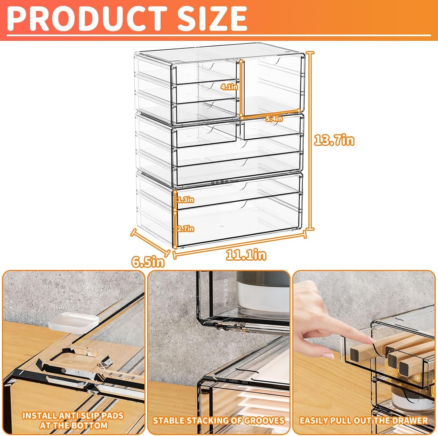 Yieach 3Pack Clear Drawer Organizers Stackable,Acrylic Storage Drawers With 10 Drawers,Multipurpose Office Supply Organizer and Makeup Organizer for Beauty,Craft,Pen,Medical,Stationary Desk Organizers
