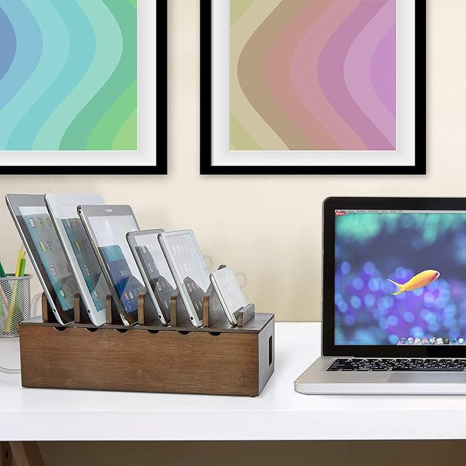 Prosumer's Choice Multi Device Charging Station Wood - Desktop Organizer with Holder for Multiple Phones - Elegant Wooden Desk Accessories - 6 Device Charging Station for Work from Home and Office