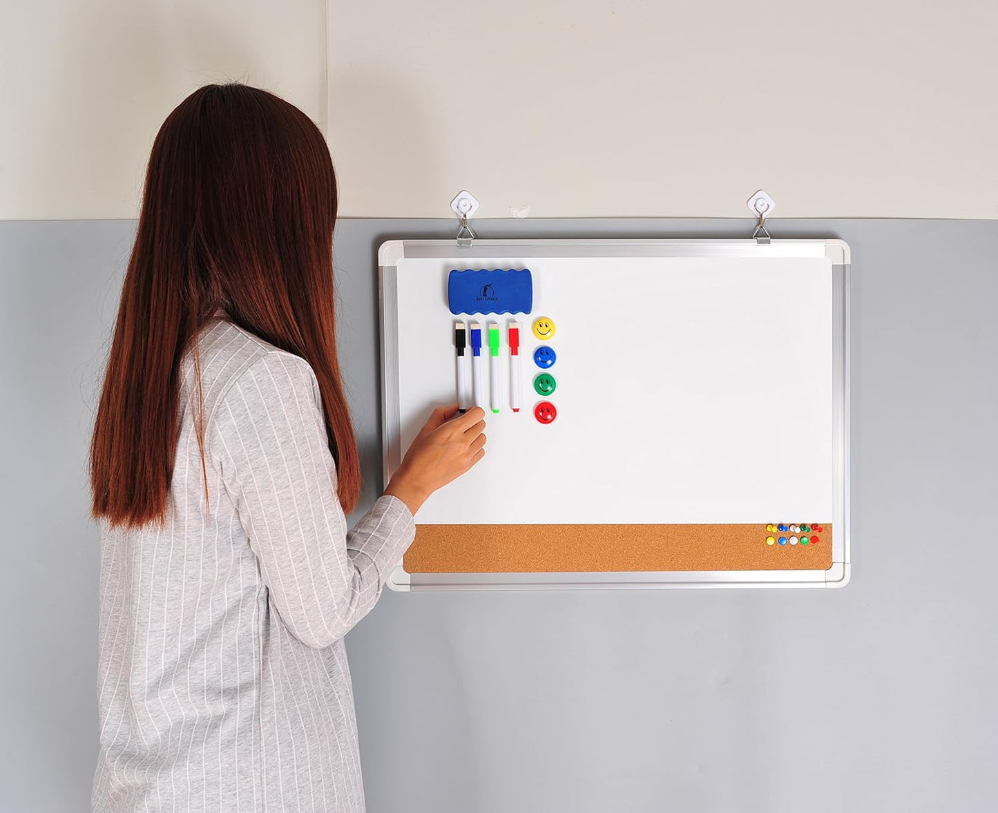 White Board Cork Board Combo - 24x18 in Dry Erase Board with Cork and 1 Magnetic Eraser, 4 Dry Wipe Markers, 4 Magnets and 10 Pins - Wall Hanging Whiteboard with Corkboard for Home and Office