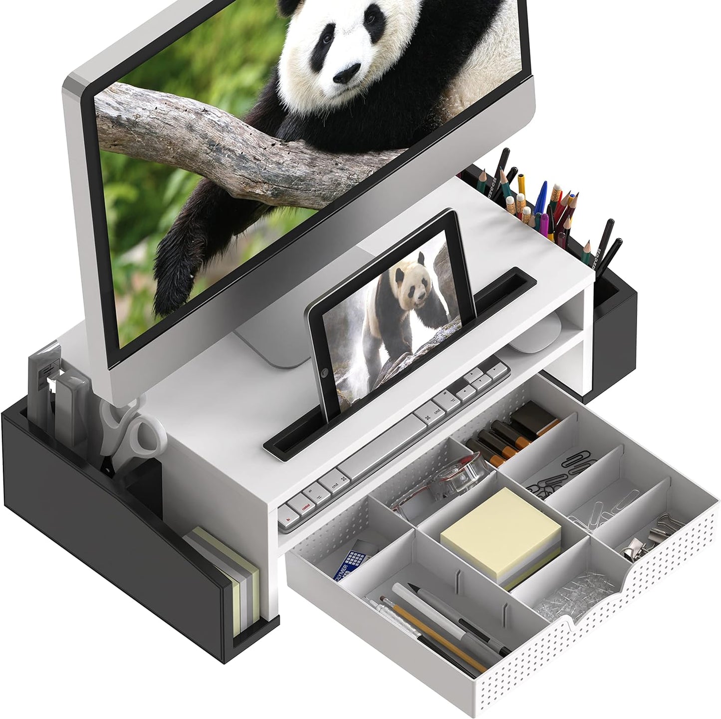 SIMPLE HOUSEWARE Desk Monitor Stand Riser with Adjustable Organizer Tray, Dual Tone - Black / White