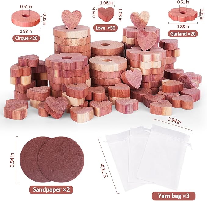 Woodever 90 Pack Cedar Blocks for Clothes Storage, 100% Natural Aromatic Cedar Rings for Wardrobes and Drawers, 20 Rings 20 Garlands and 50 Hearts, with Sandpaper and Sachets