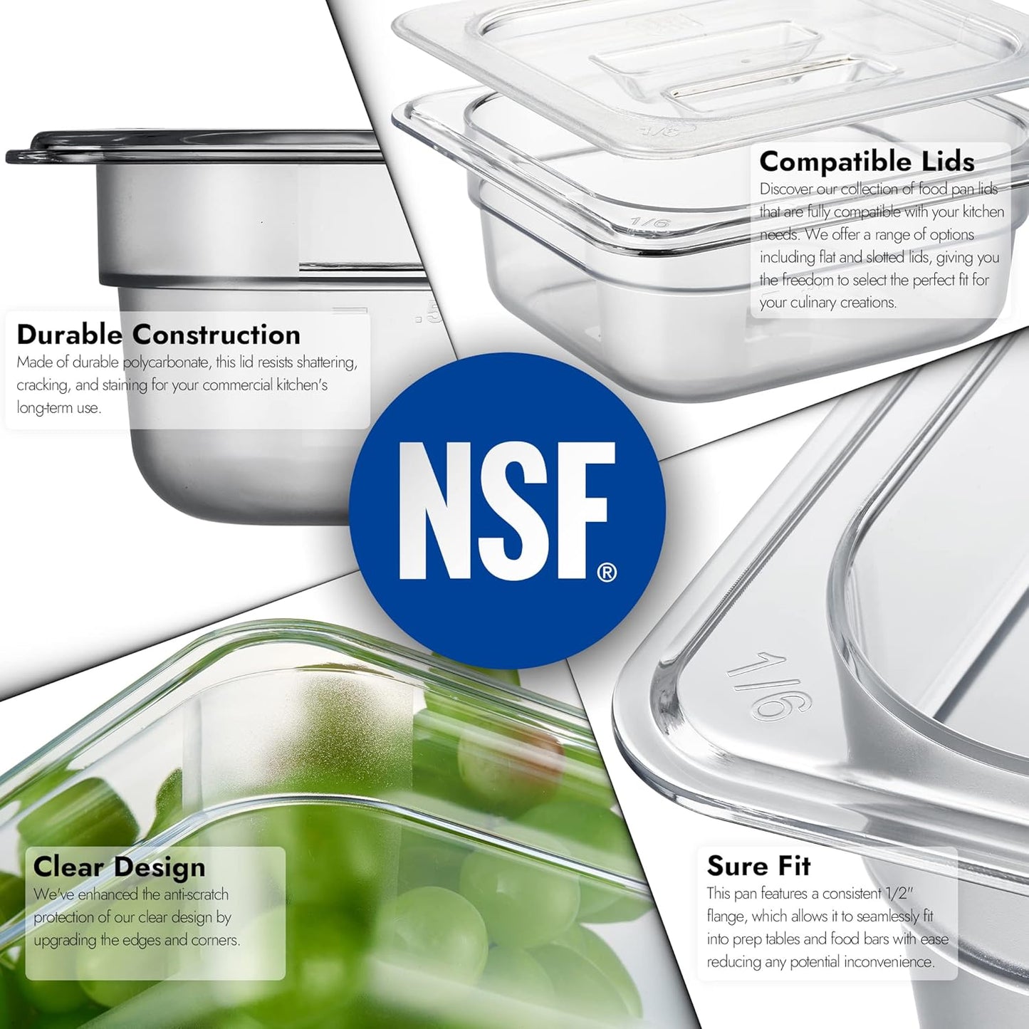 CURTA 6 Pack NSF Food Pans, 1/6 Size 2 1/2 Inch Deep, Commercial Polycarbonate Plastic Clear Freezer-Safe