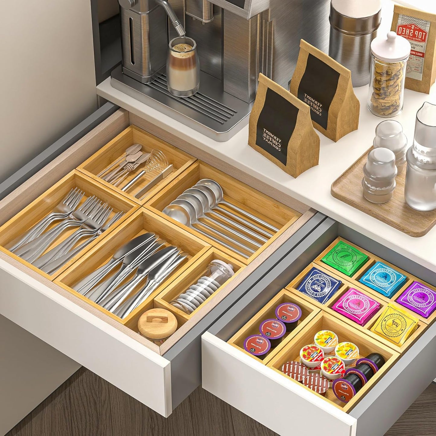 Bamboo Drawer Organizer, Set of 9 Wood Kitchen Junk Tea Desk Office Tray, Wooden Storage Boxes Organizers for Bathroom, Office (2" H 9 Boxes)