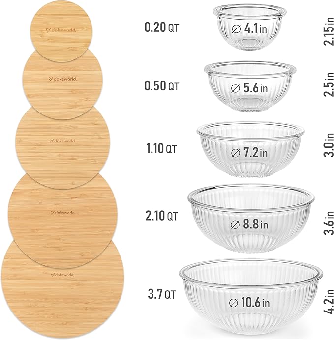 Stackable Space-Saving Set of 5 Nesting Glass Bowls with Bamboo Lids for Foodprep, Storage, Baking, Mixing & Cooking, Microwave & Oven Safe BPA Free Heat Resistant Inert Borosilicate Glass