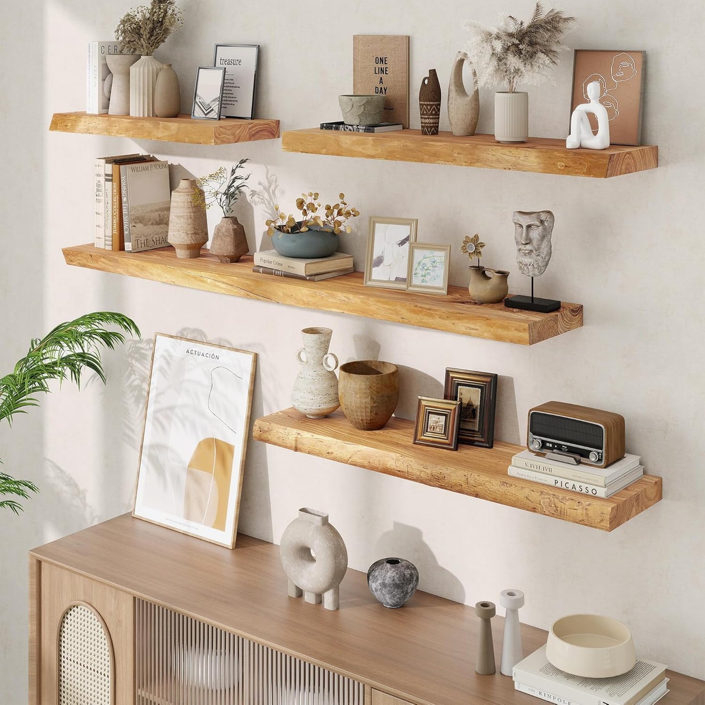 Floating Shelves, 8" Deep Rustic Solid Wood Wall Mounted Floating Shelves, Wall Shelves with Invisible Bracket for Living Room Bathroom Bedroom Kitchen, 48 Inch, Natural