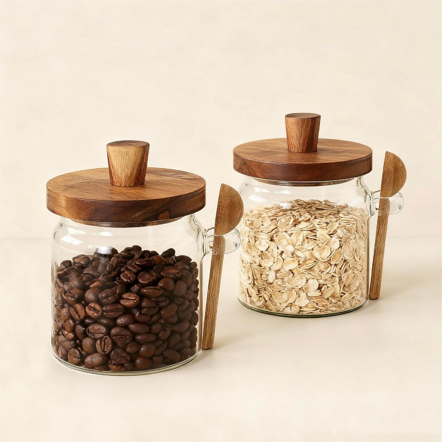 Glass Food Storage Jar with Acacia Wooden Lid and Spoon, Airtight Container for Cereals, Cookies, Snacks, Kitchen Canister Set (2 Pcs, Small/13.5oz)