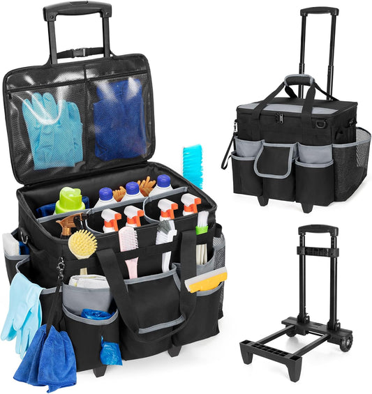 Large Rolling Cleaning Caddy with Detachable Trolley & Lid, Cleaning Cart on Wheels with Shoulder Strap & Handles, Cleaning Supplies Organizer with Multi Pockets for Cleaning Tools Storage