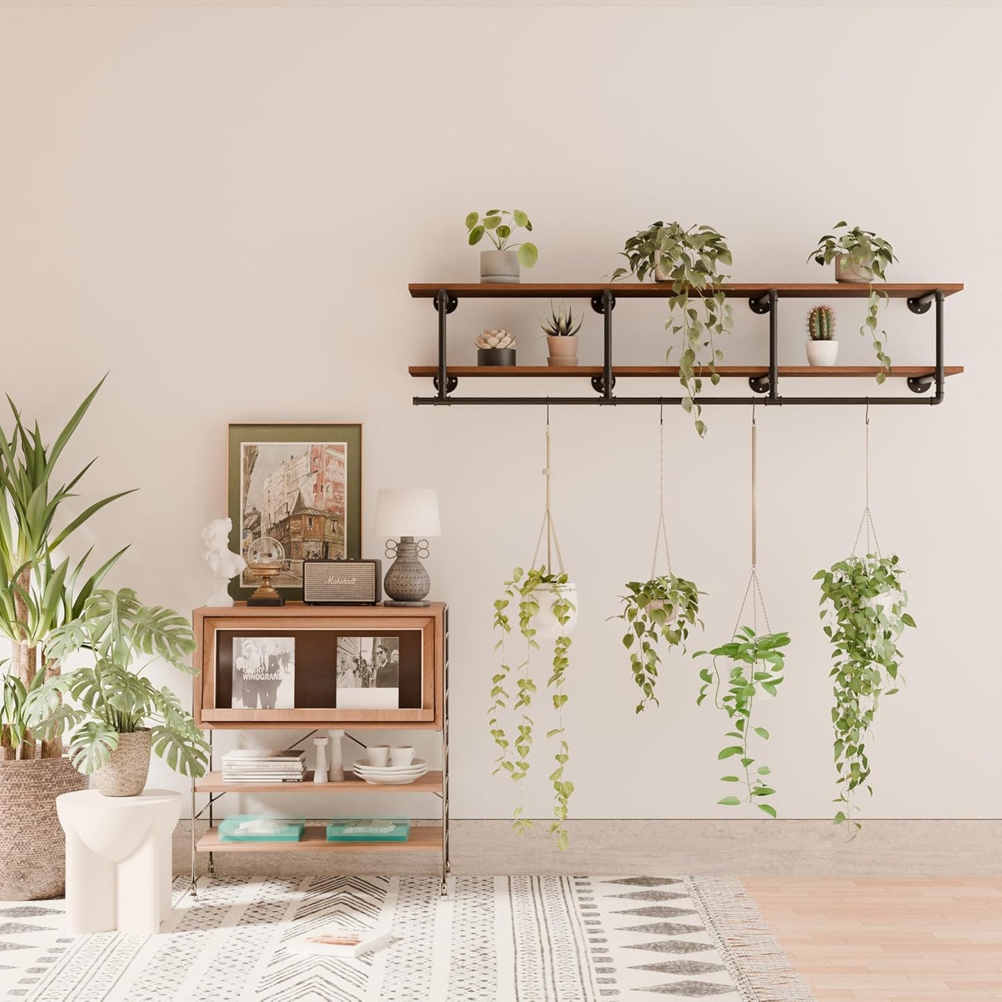 Wall Mounted Clothes Rack 12 Inch Deep, 72 Inch Heavy Duty Garment Rack with Real Walnut Wood Shelf, Multi-Purpose Hanging Rod & Space-Saving Closet Storage Organizer