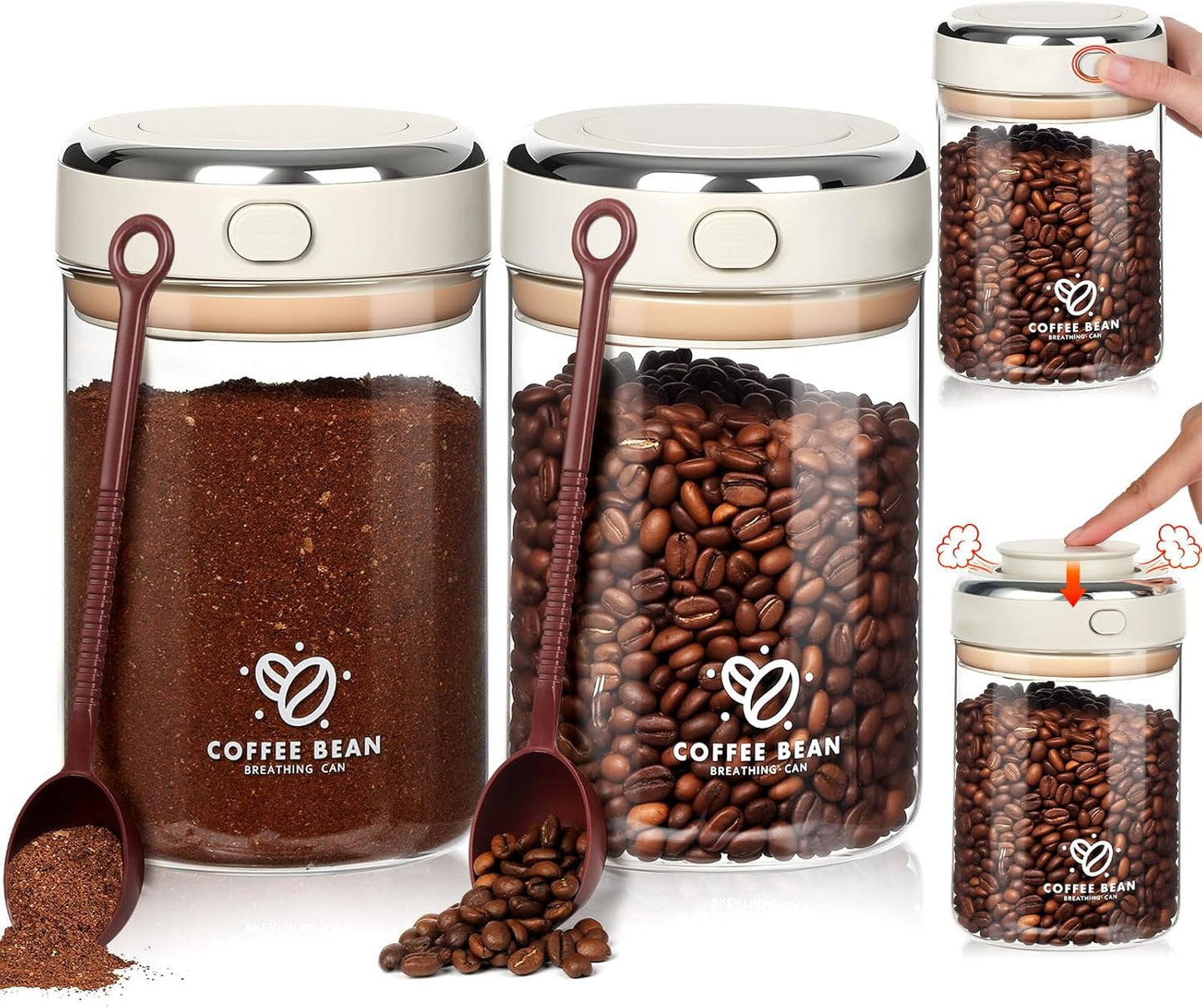2 Pack 37oz Coffee Bean Storage Container with Scoop Glass Airtight Coffee Canister with One-Way Valve Airtight Lid Date Tracker Storage Container for Grounds Beans Tea Cereal Sugar Flour Cookies