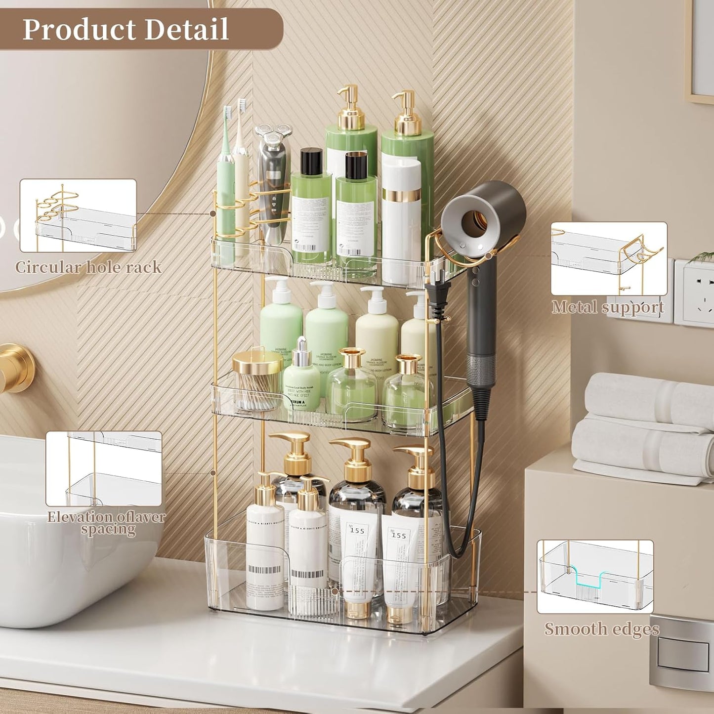 3 Tier Bathroom Organizer Countertop Makeup Perfume Tray Skincare Organizer Comes with Hair Dryer Rack and Toothbrush Holder for Bathroom Dresser Vanity (White)