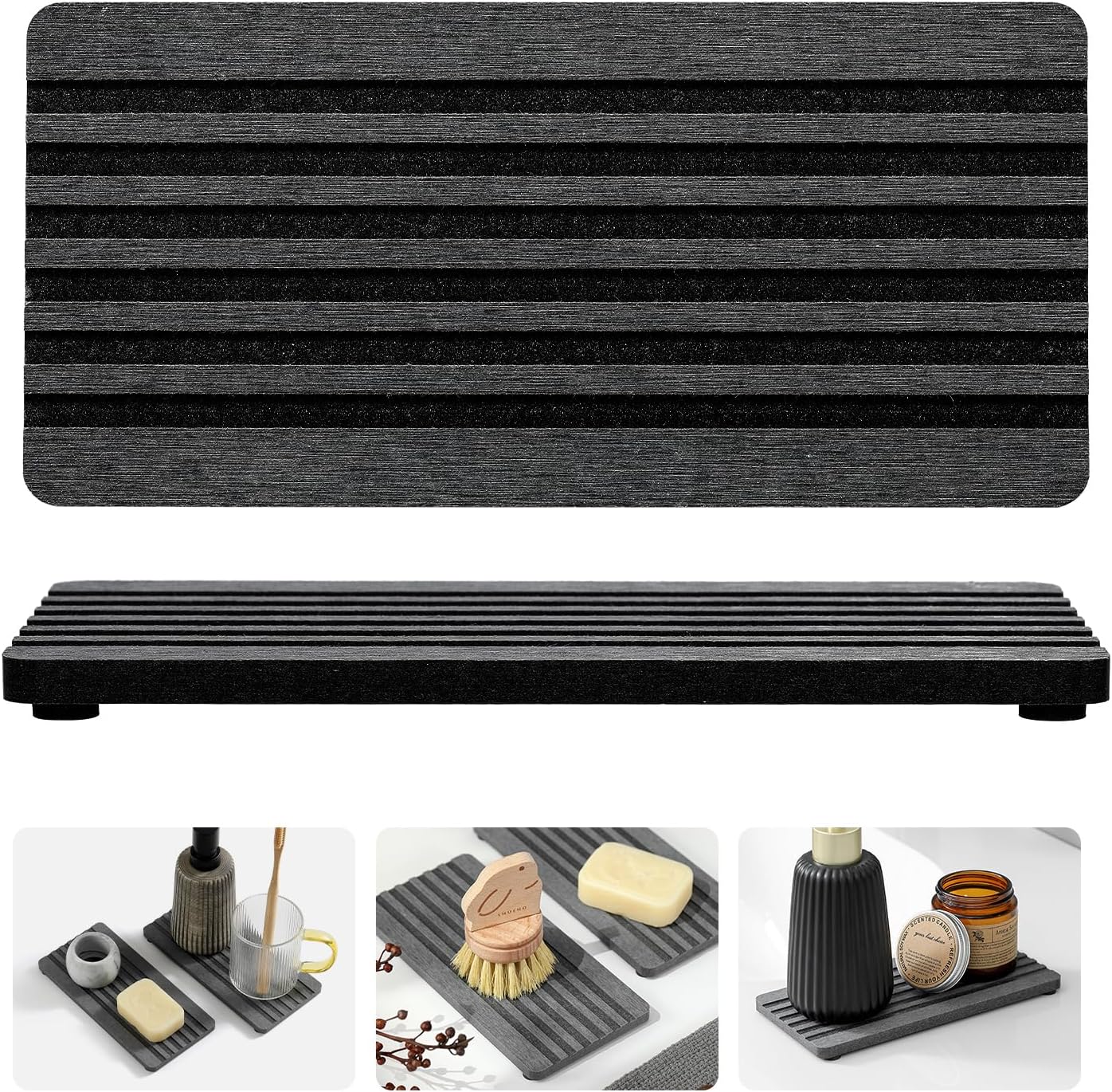2PCS Diatomite Quick Stone Drying Tray Mat For Bathroom & Kitchen Counter, Instant Dry Water Absorbent Drink Bar Coaster,Vanity Sink Caddy Organizer,Dish Soap Sponge Holders, Charcoal,8"x3.8"