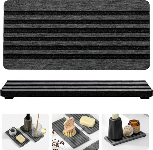 2PCS Diatomite Quick Stone Drying Tray Mat For Bathroom & Kitchen Counter, Instant Dry Water Absorbent Drink Bar Coaster,Vanity Sink Caddy Organizer,Dish Soap Sponge Holders, Charcoal,8"x3.8"