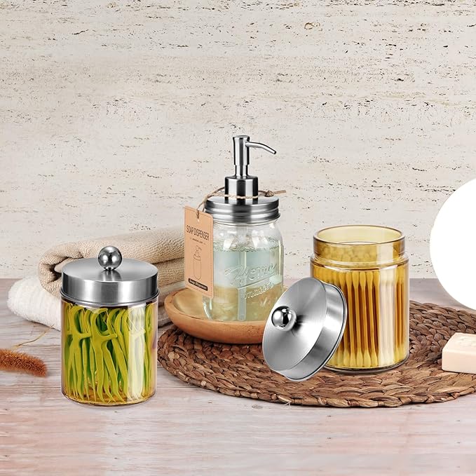Amolliar Bronze Glass Apothecary Jar, Qtip Holder Metal Lid & Stickers, Bathroom Qtip Dispenser Storage, Canister for Cotton Balls, Cotton Swabs, Makeup Pads, Bath Salt, Floss, 4 Pack (Brushed Nickel)