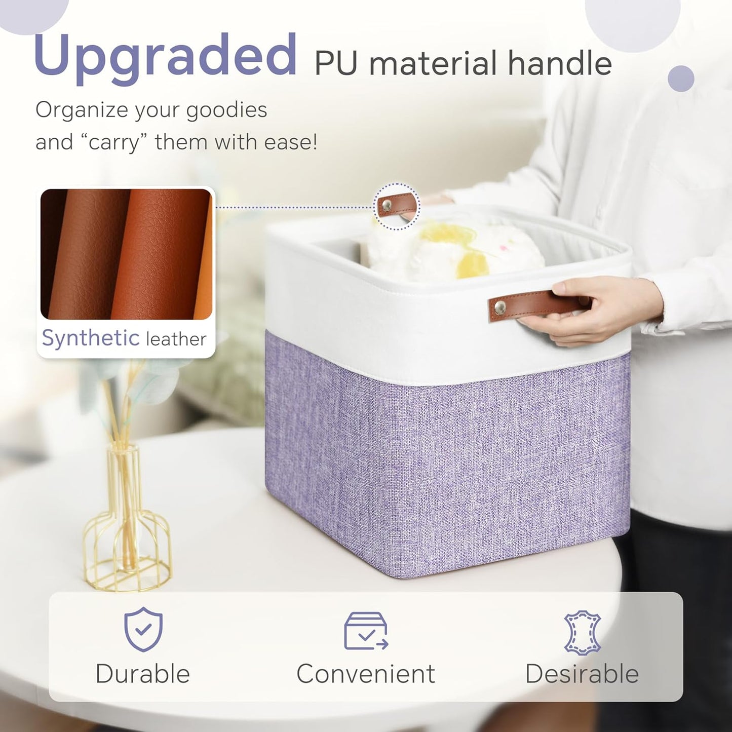 Cube Storage Baskets 6 Pack, 11x11 inch Foldable Cube Storage Bins with Leather Handles for Shelf Closet Nursery Toys (White/ Purple)