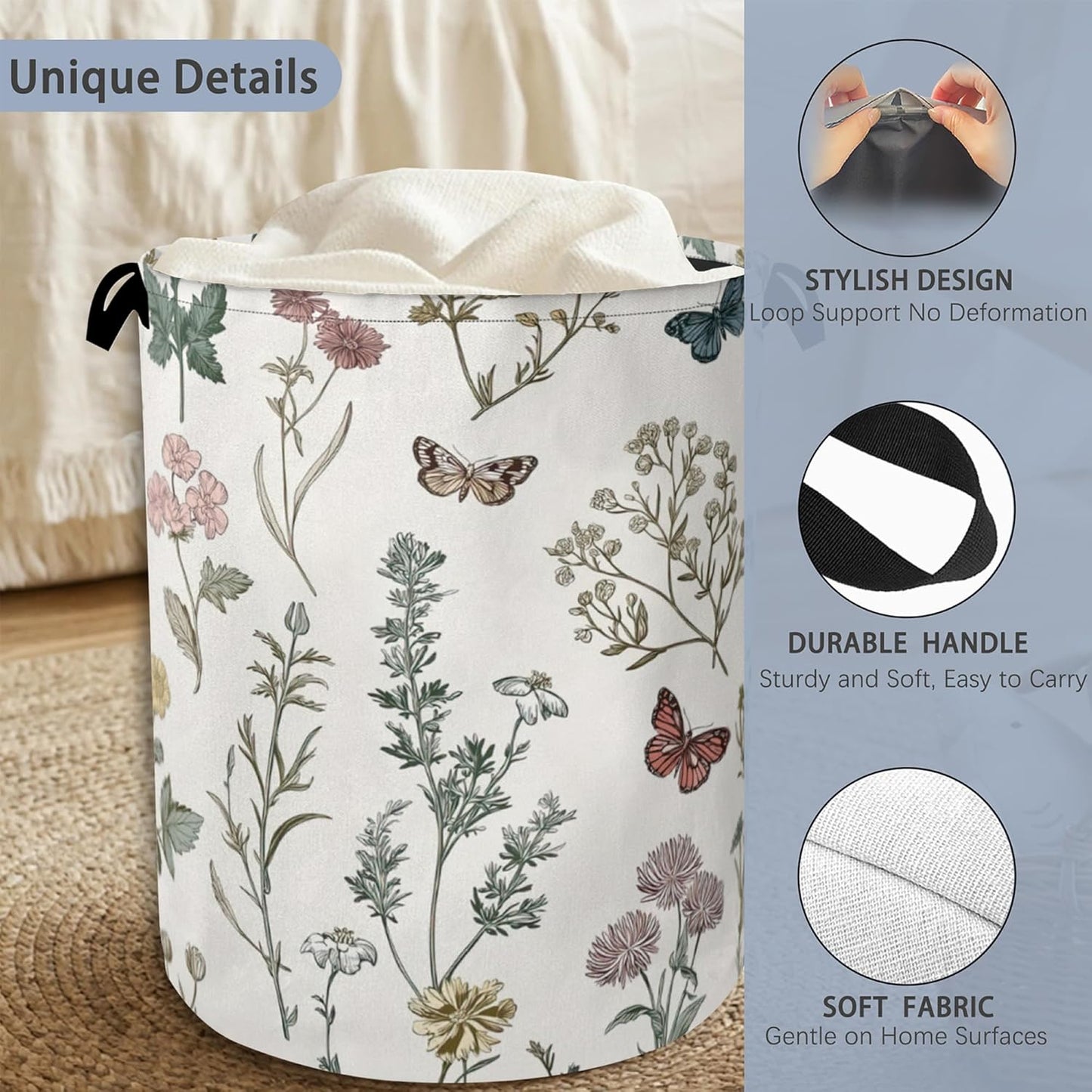 Wildflowers Butterfly Laundry Basket,Herb Plants Oxford Cloth Laundry Hamper with Handle Foldable Portable Clothes Storage Basket for Bathroom Bedroom Dorm Room 16" x 20.8"