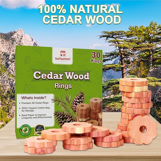 Cedar Blocks for Clothes Storage - Raimarket 30 Pack Wood Flowers & Chips for Closets, Wardrobe, Drawers & Shelves - Natural Aroma & Moisture Absorption