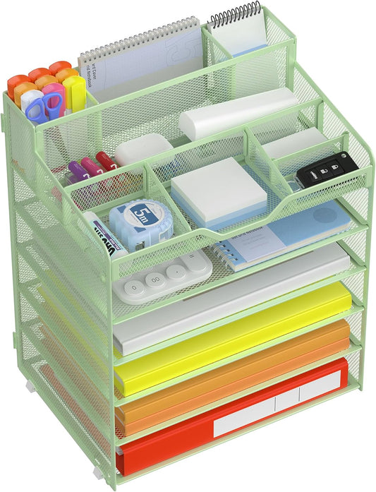 Docnest 6 Tier Mesh Desk Organizer for Paper Office Supplies – Multi-Functional Letter Tray with 5 Adjustable Compartments, 3 Pen Holders, Desktop Storage for Files, Mail, Stationery – Green
