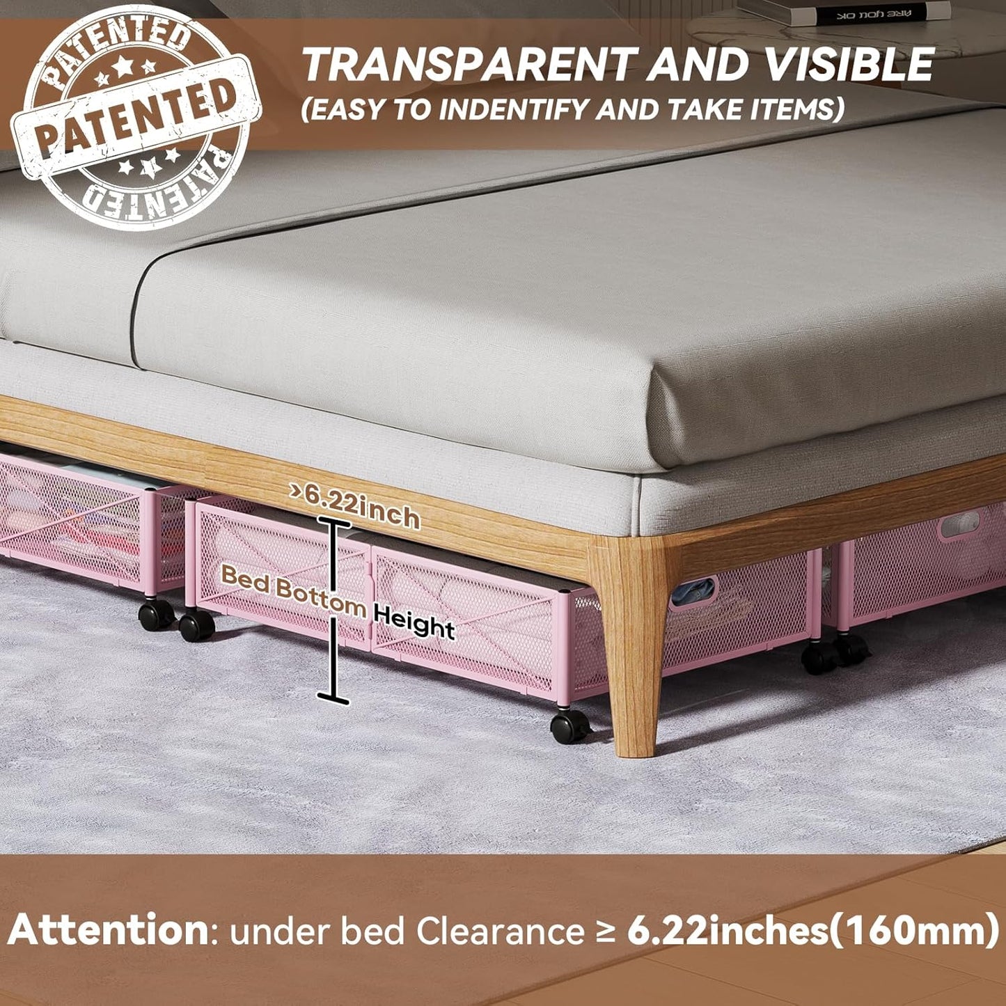 Under the Bed Storage Containers with Wheels, Under Bed Storage, Under Bed Shoe Storage Organizer Drawer, Tool-free Assembly Metal Underbed Storage Containers -Pink