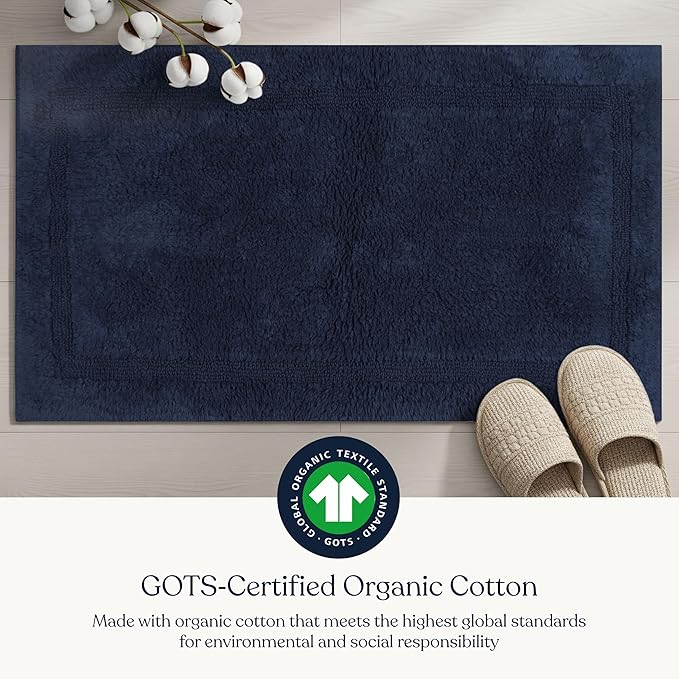 Delara Organic Cotton Reversible Bath Mat – 3000 GSM, GOTS Certified, Ultra-Thick & Super Absorbent | Soft, Plush & Quick-Drying Bathroom Rug (Navy Blue, 30x50)