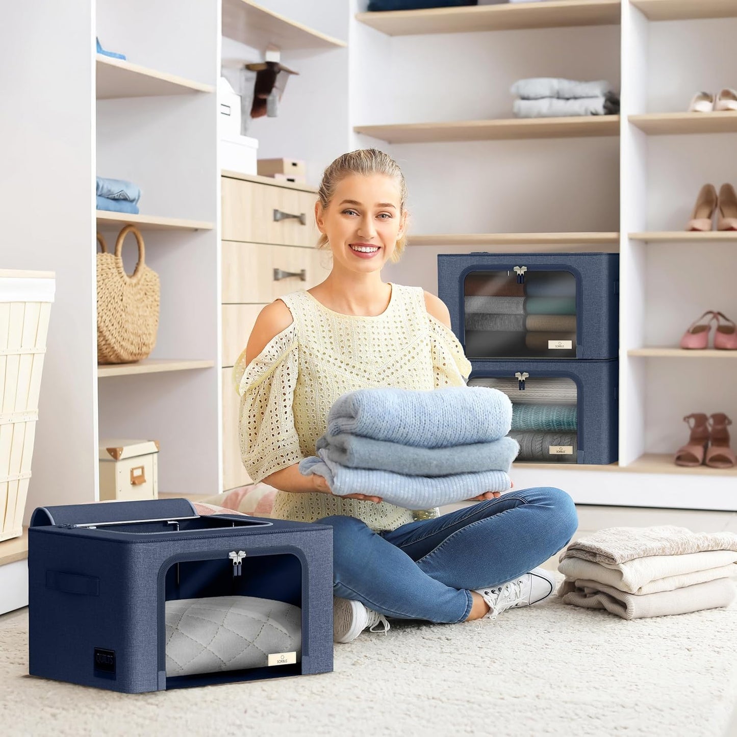 Sorbus Storage Bins with Metal Frame - Stackable & Foldable Clothes Organizer Bags - Oxford Fabric Storage Containers with Large Clear Window & Carry Handles Organization for Bedding Linen & Clothing