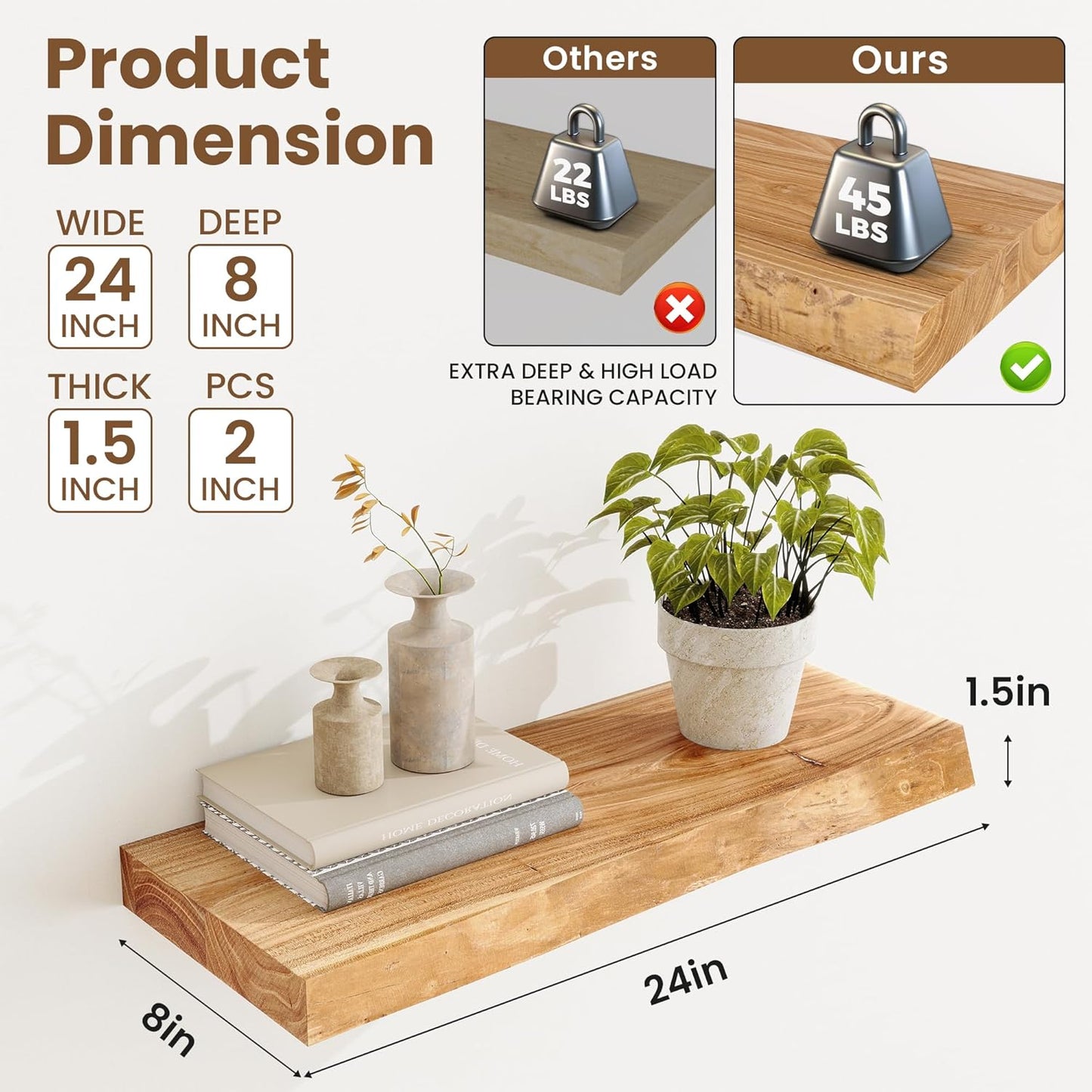 Floating Shelves, 8" Deep Rustic Solid Wood Wall Mounted Floating Shelves, Wall Shelves with Invisible Bracket for Living Room Bathroom Bedroom Kitchen, 24 Inch Set of 2, Natural